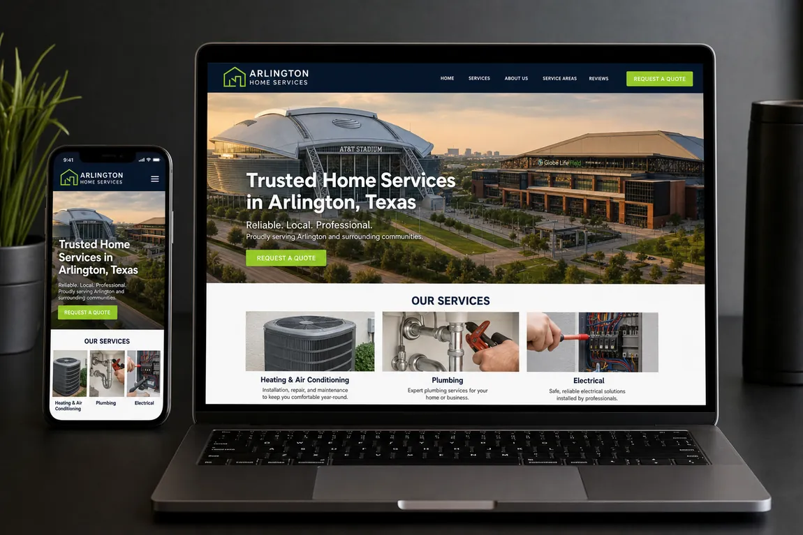 A custom Arlington small business website shown on a laptop and a phone
